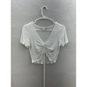 Altard State Womens Shirt Size Medium White Cropped Short Sleeve Ruched Front